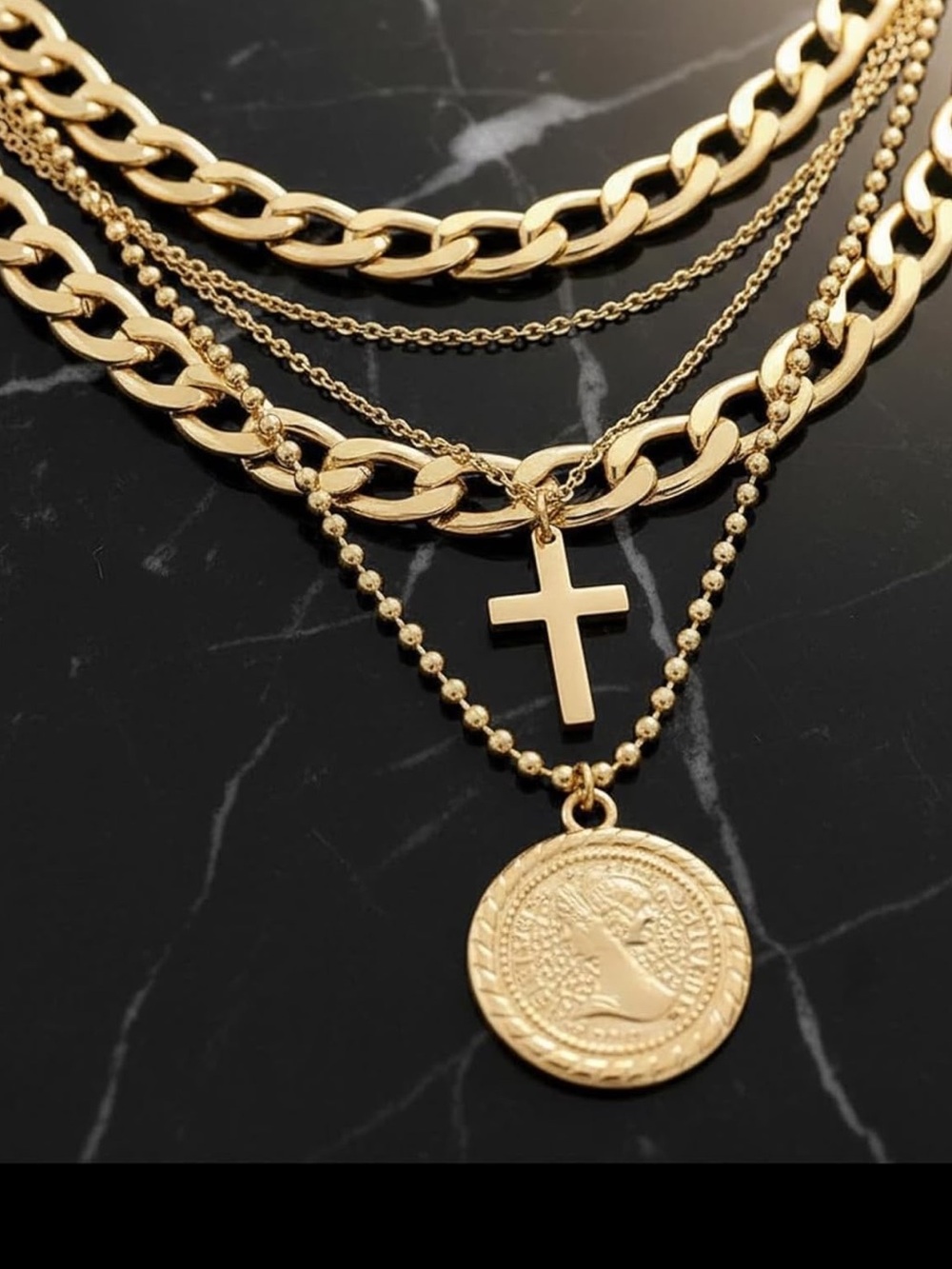 Anthropologie Gold-Tone Layered Necklace Set with Cross & Coin - Picture 3 of 4